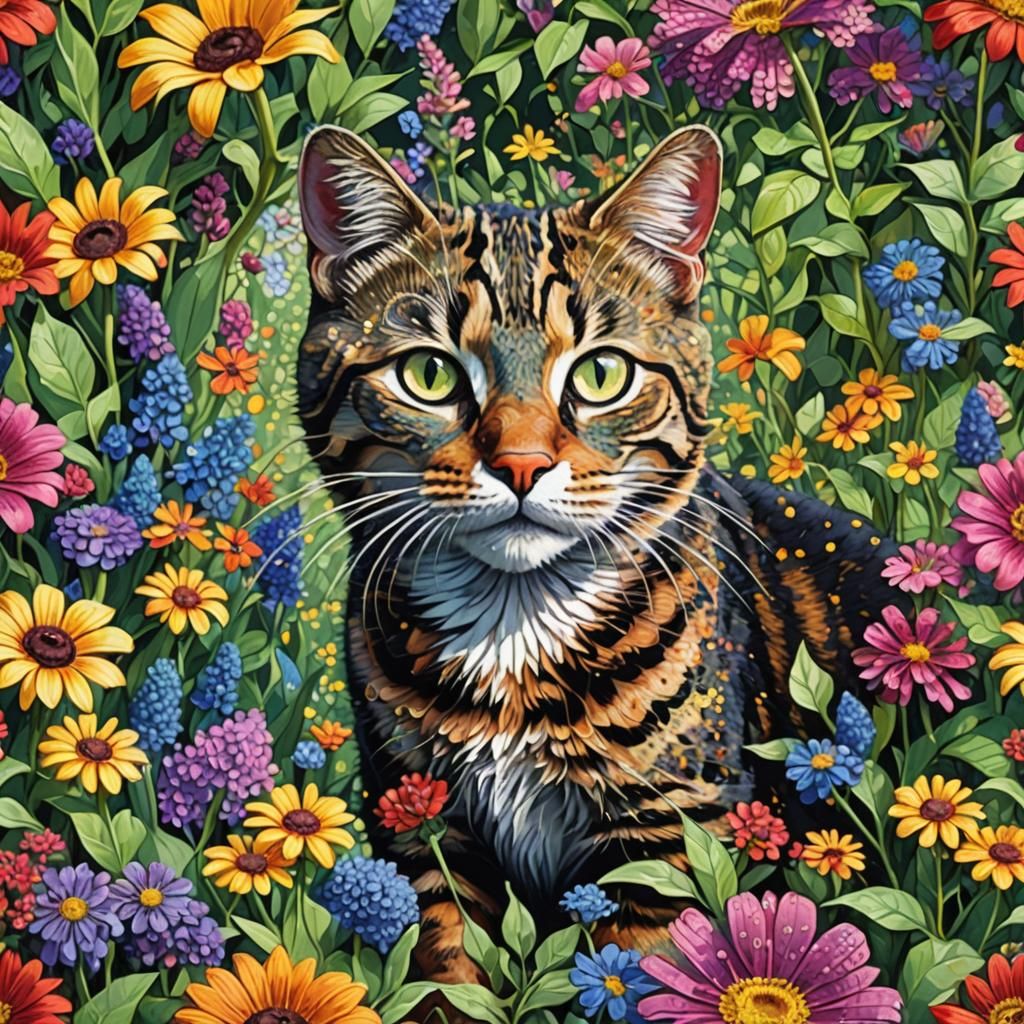 Pointillist Cat Among Flowers: Macro Shot in Vibrant Colors