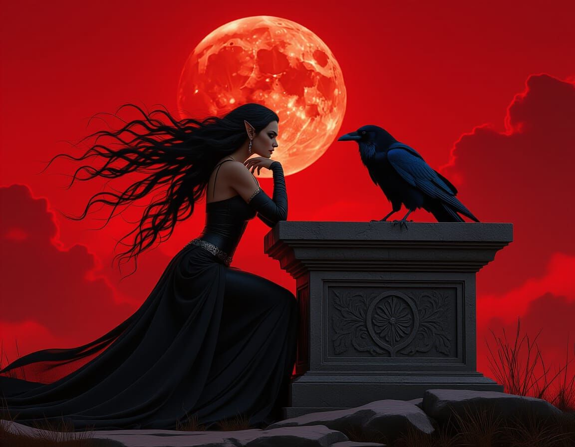 Evil Elf Girl with Raven Beast Under Blood Moon