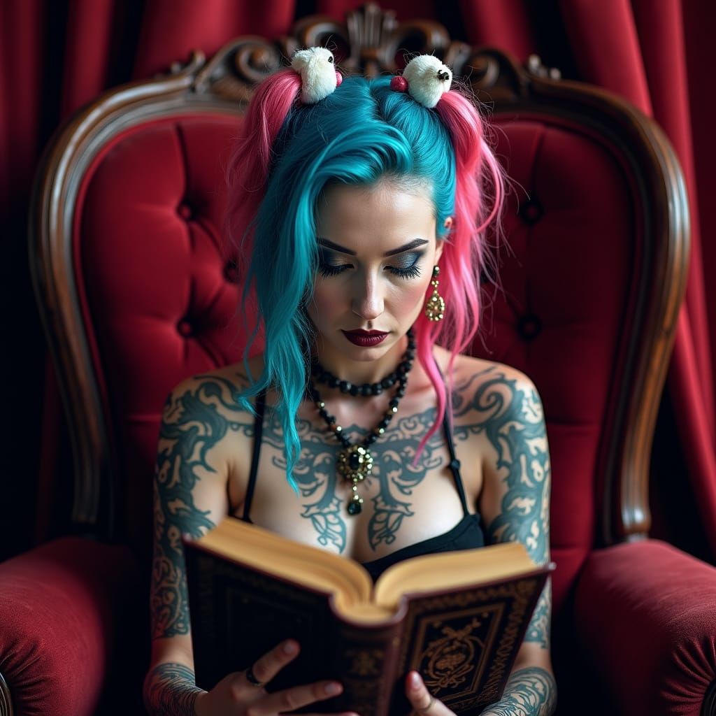 Gothic Woman Reading Tome with Tattoos and Piercings