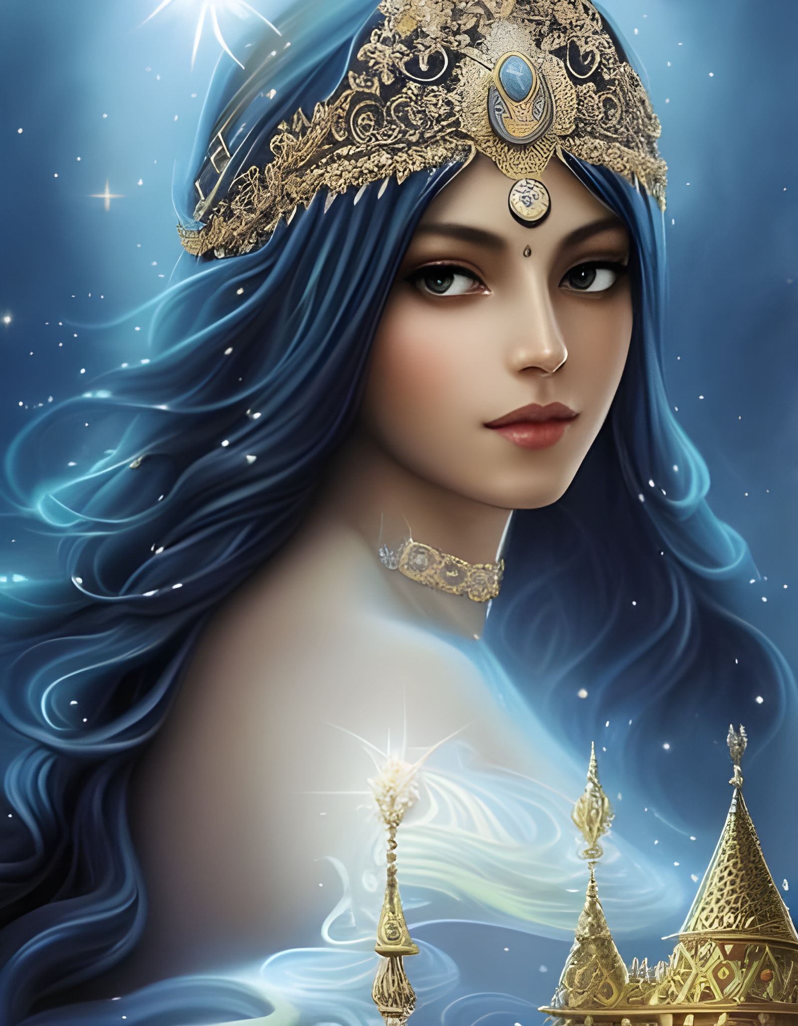 Moon Goddess in Silver Garden: Fantasy Art