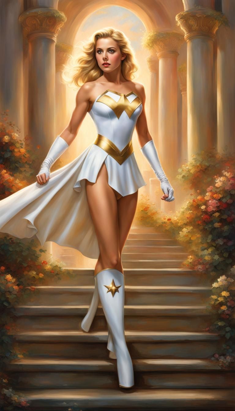 Blonde Superhero Girl in Detailed Matte Painting