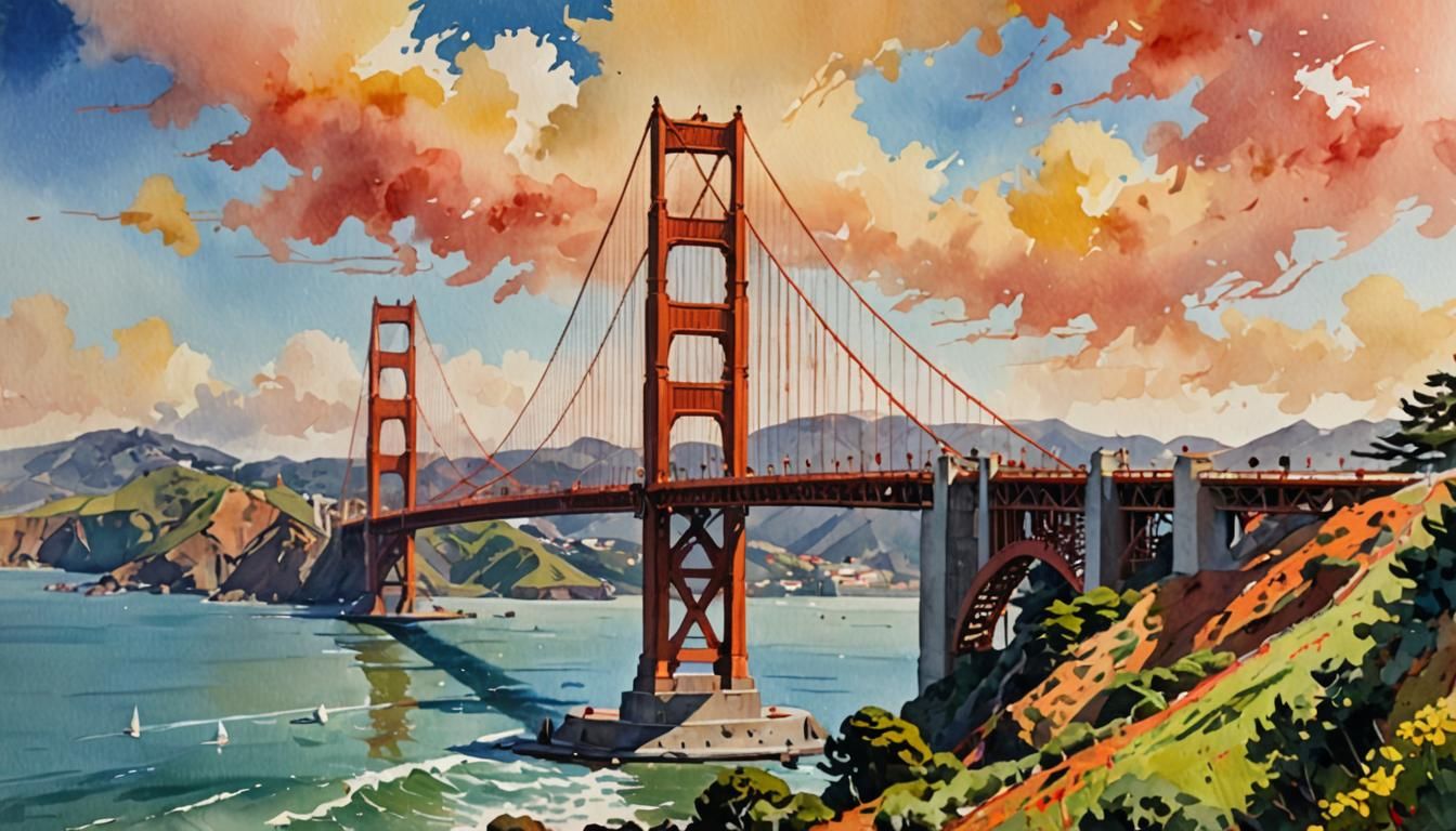 Golden Gate Bridge in Gouache and Watercolor Style