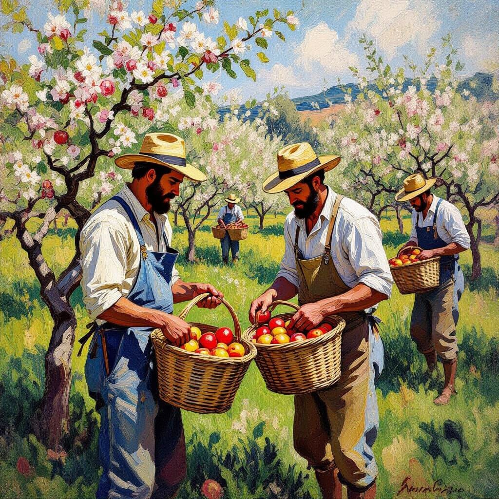 Orchard Harvest: Men Picking Apples in Neo-Impressionist Sty...