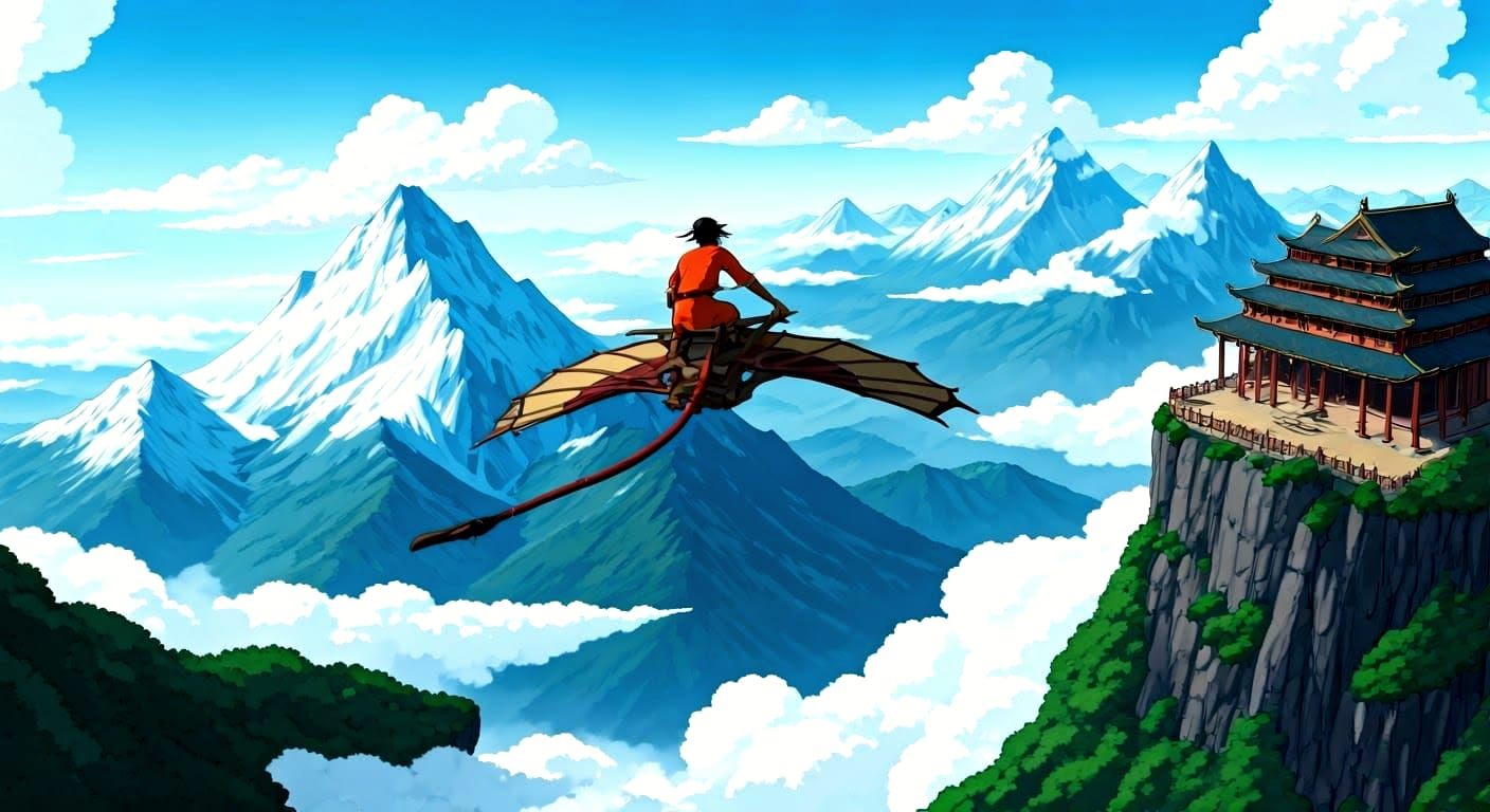 Avatar Soaring Above Mountain Air Temples in Anime Style