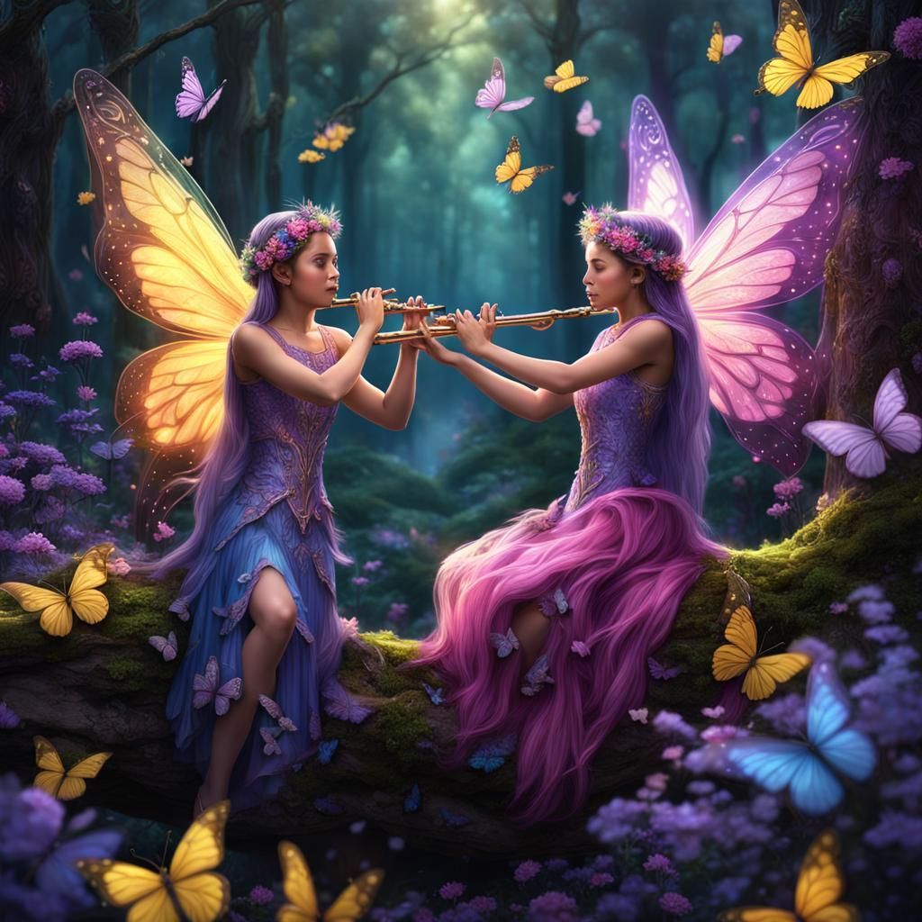Fairies Playing Flutes in Enchanted Forest