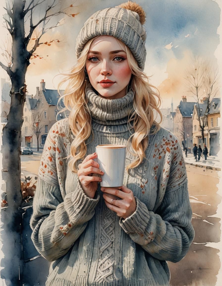 Cute Woman with Coffee: Watercolour Portrait