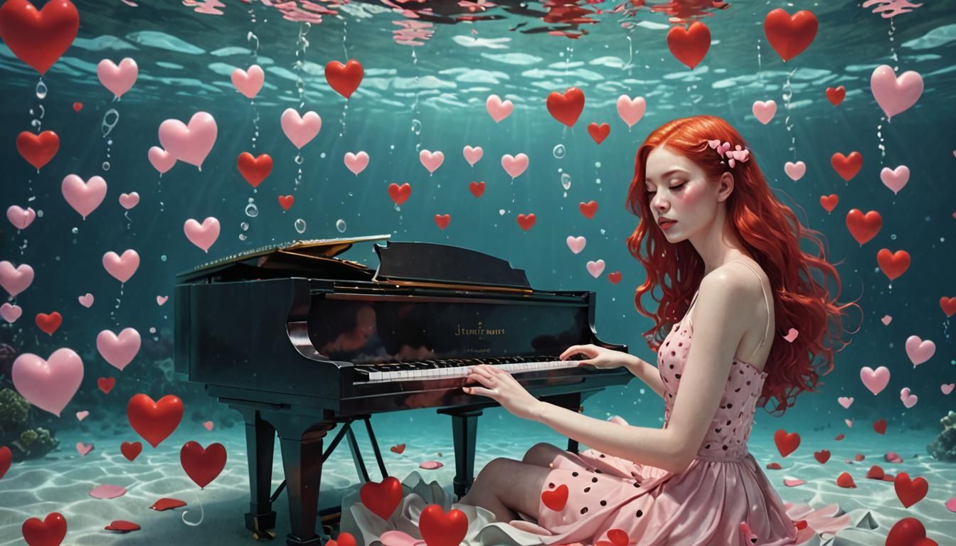 Underwater Piano Serenade with Floating Hearts