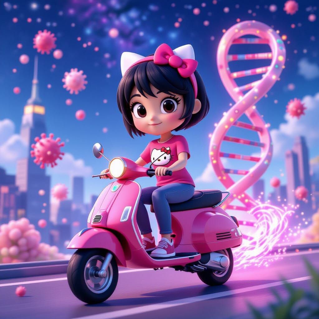 3D Cartoon Character Rides Pink Vespa Amidst Cosmic Wonders
