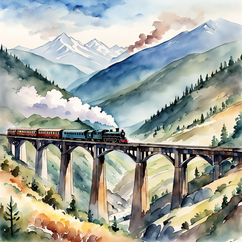 Watercolor Train Crossing Mountain Viaduct Sketch