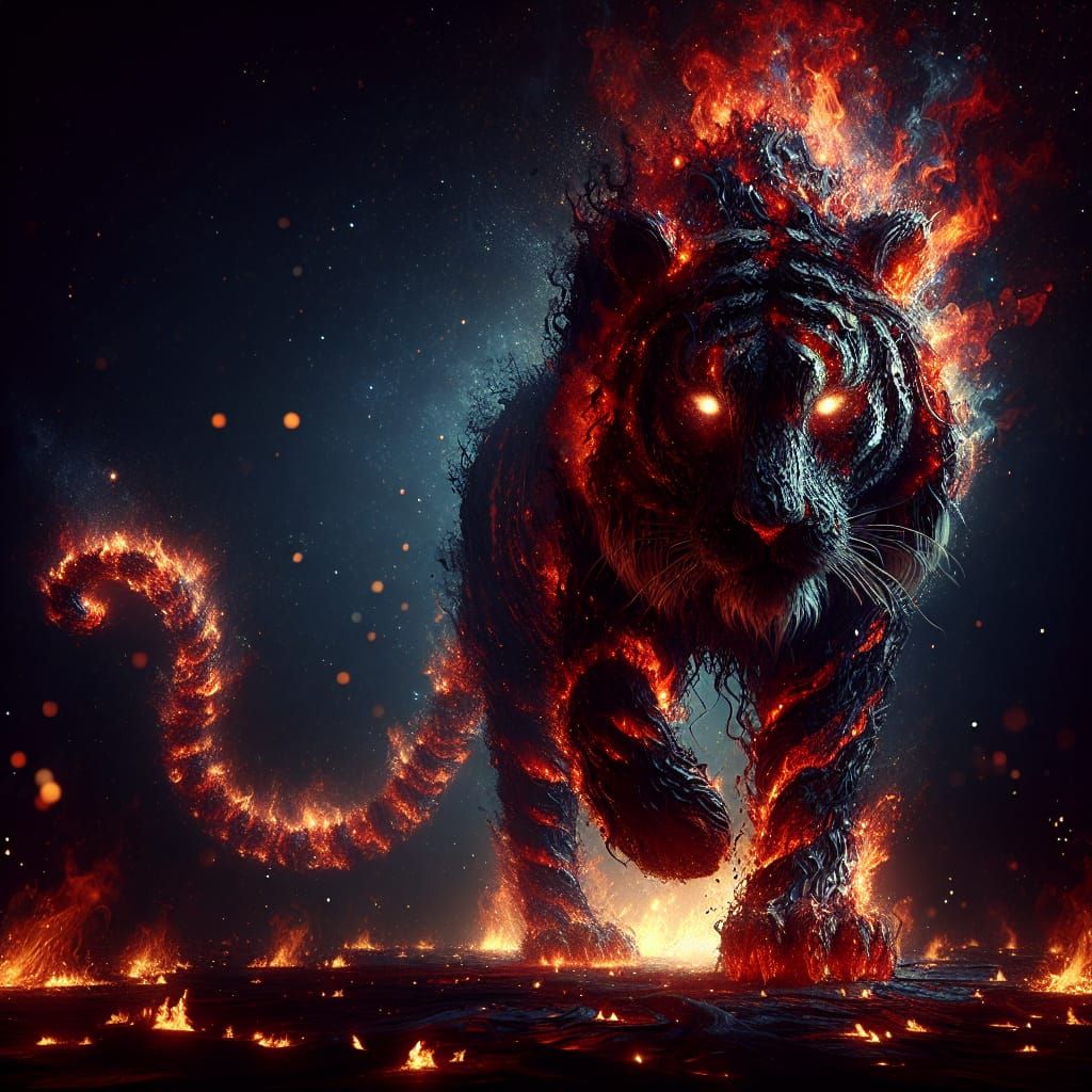Majestic Flaming Tiger Emerges from Darkness