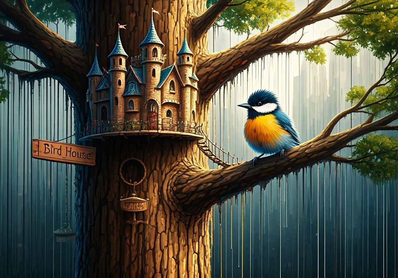 Whimsical Birdhouse Castle in Watercolour Style