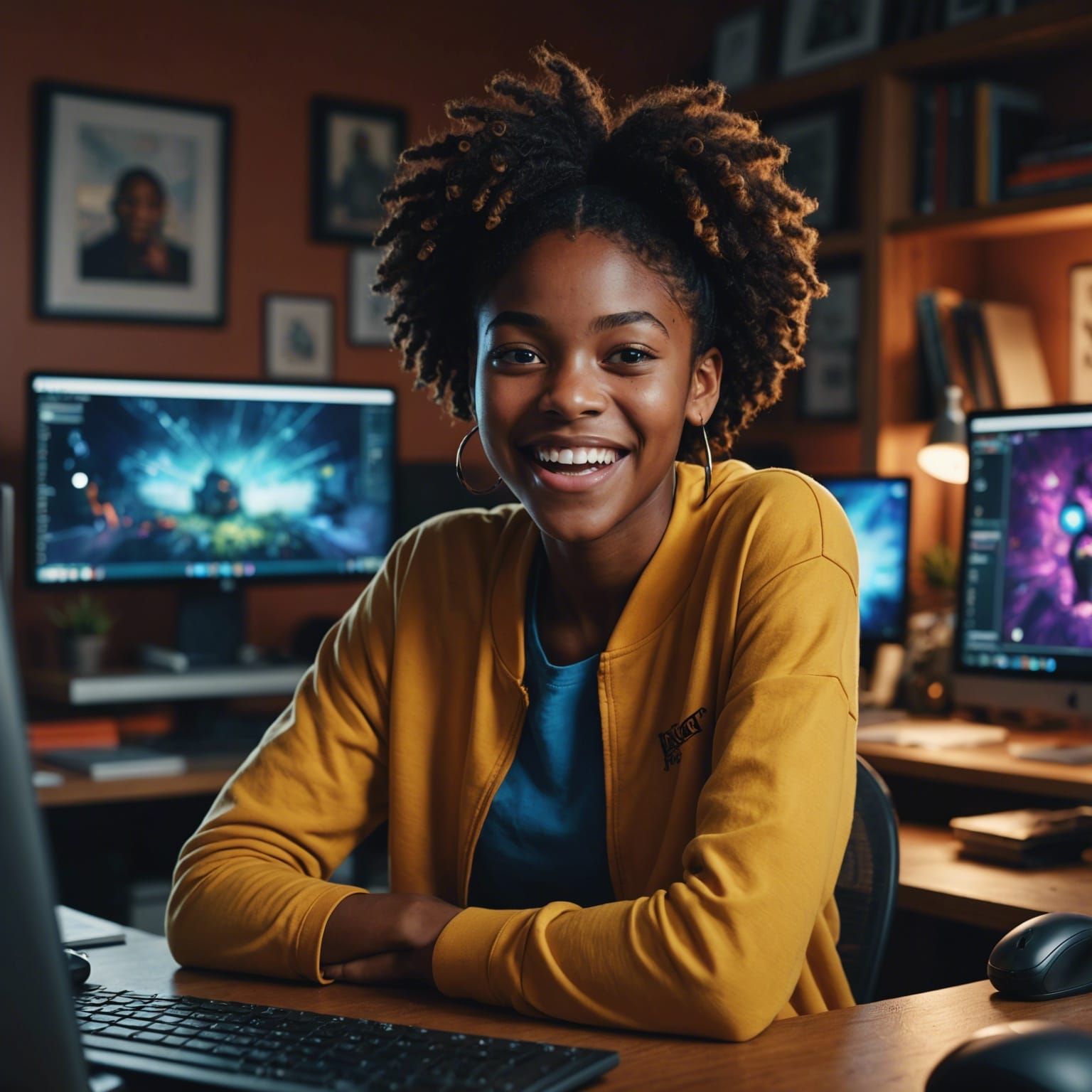 Teenage Girl's Shocked Laugh: Detailed Digital Art