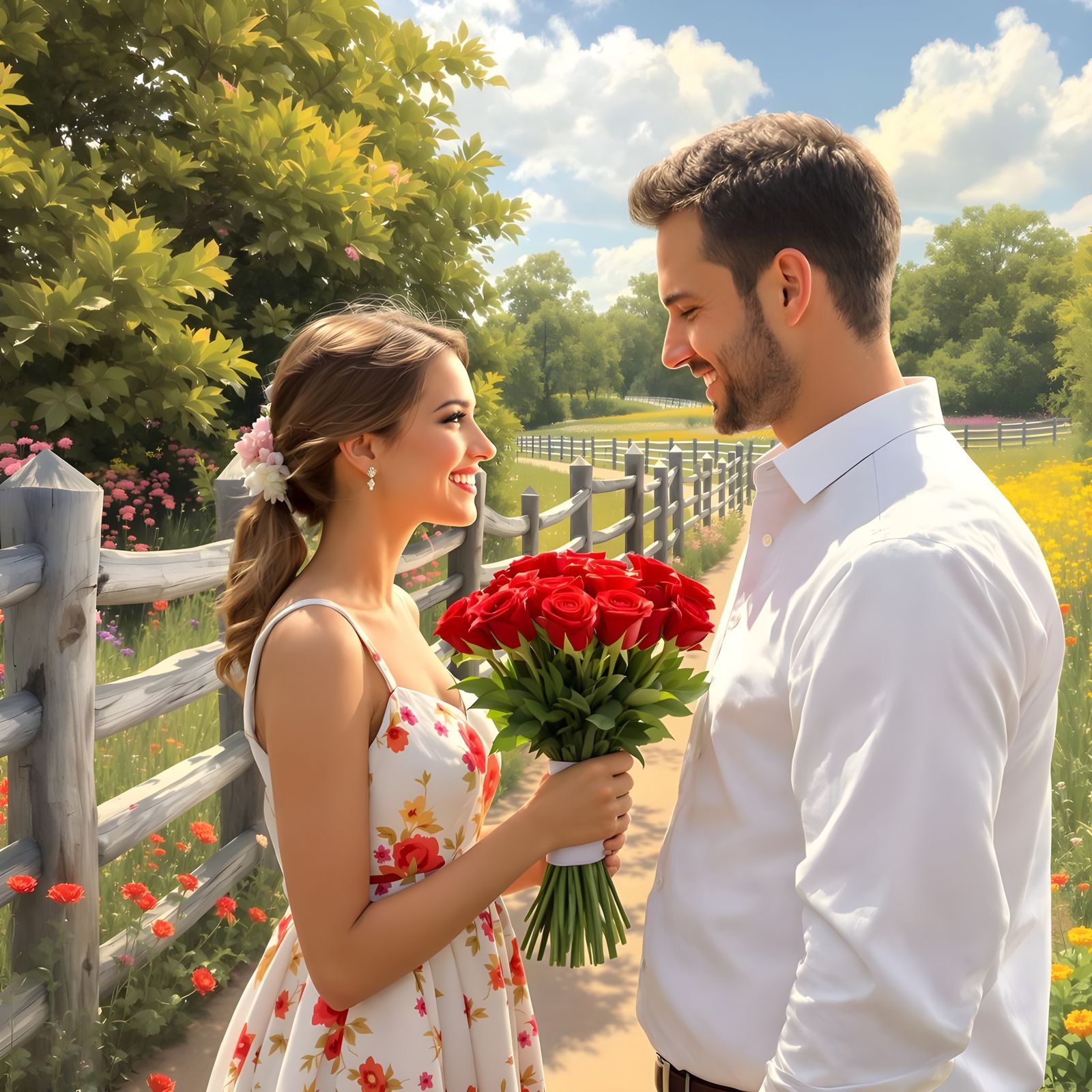 Romantic Couple with Roses in Scenic Outdoor Setting