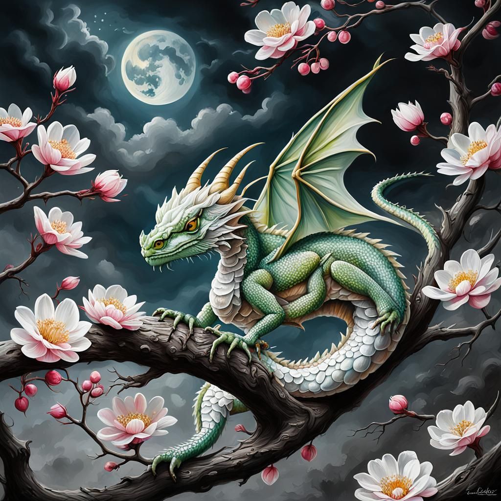 Hyperrealistic Oil Painting of Dragon Whispering to Blossom
