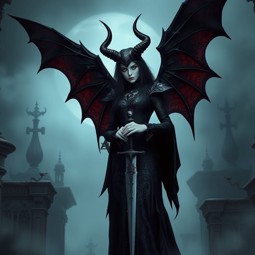 Gothic Figure with Wings in Misty Setting