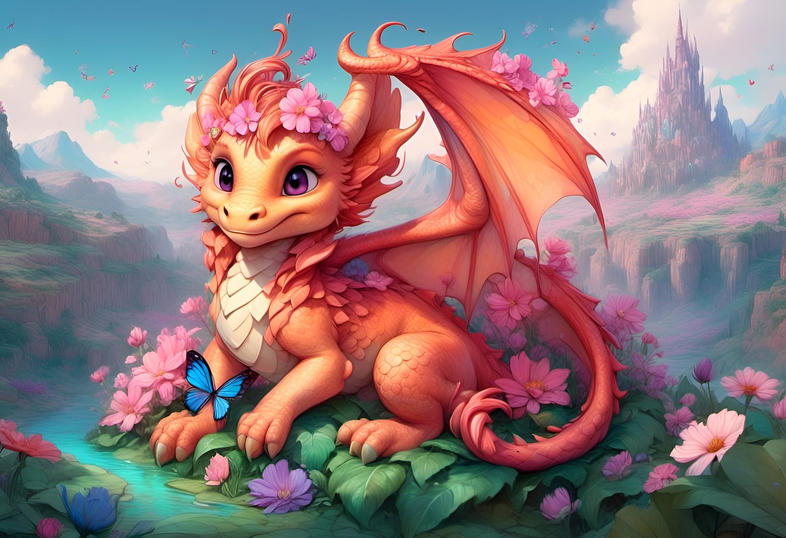 Chibi Dragon with Flowers, Digital Art