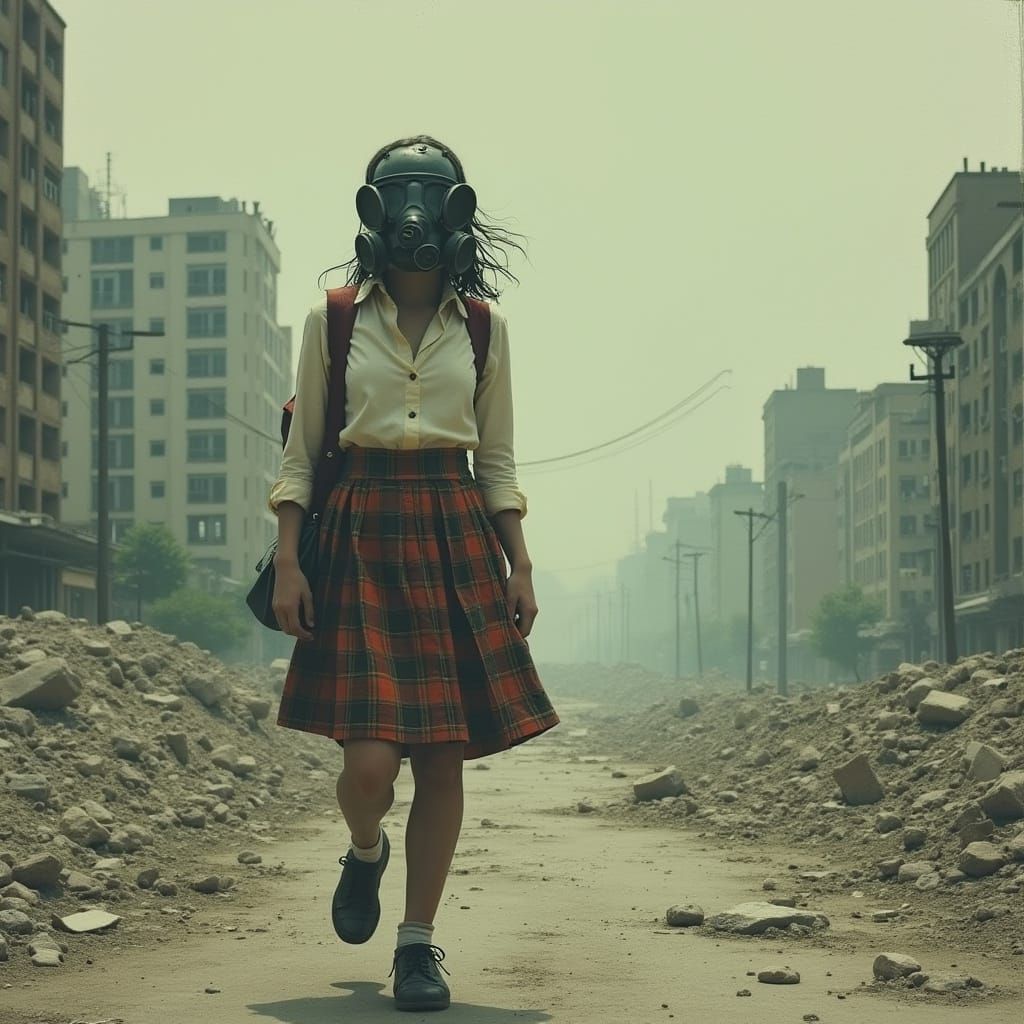 War-Torn Dystopian Cityscape Evacuee