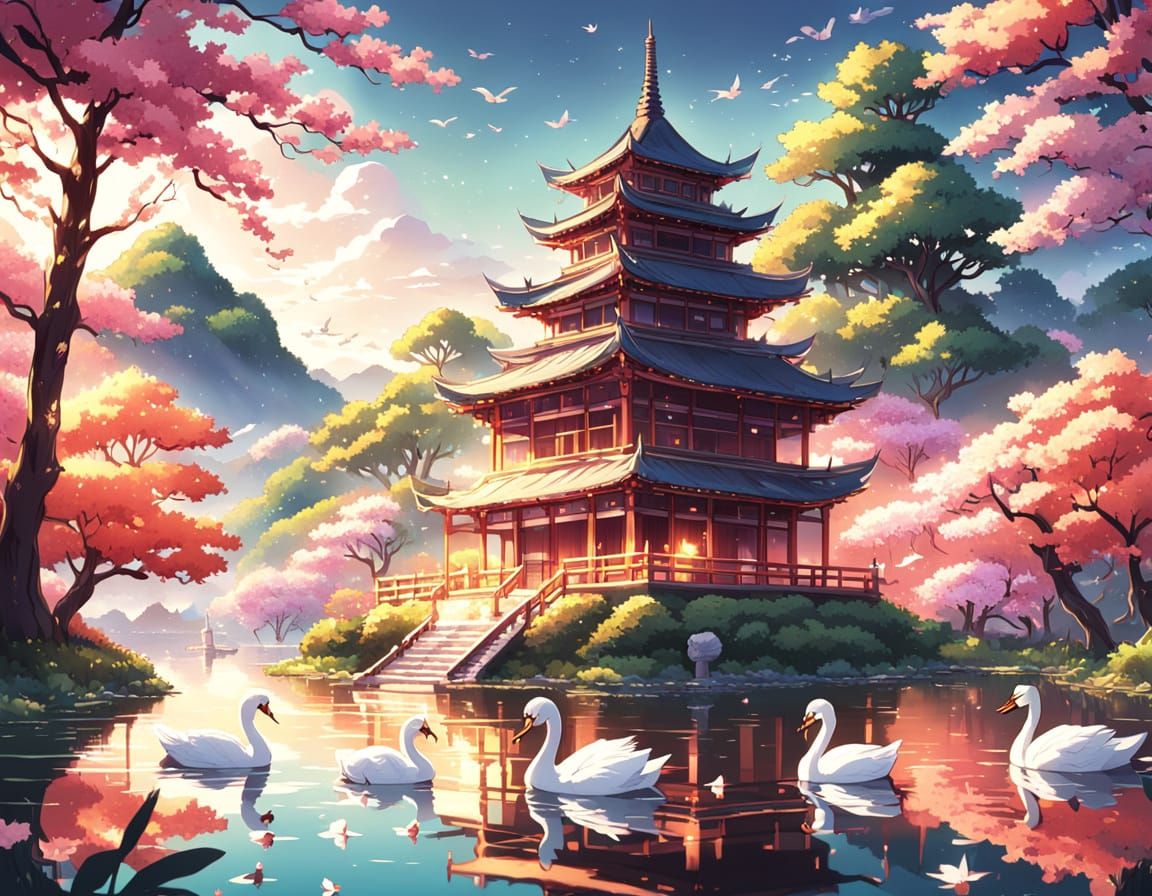 Pagoda on Lake with Swans in Anime Style