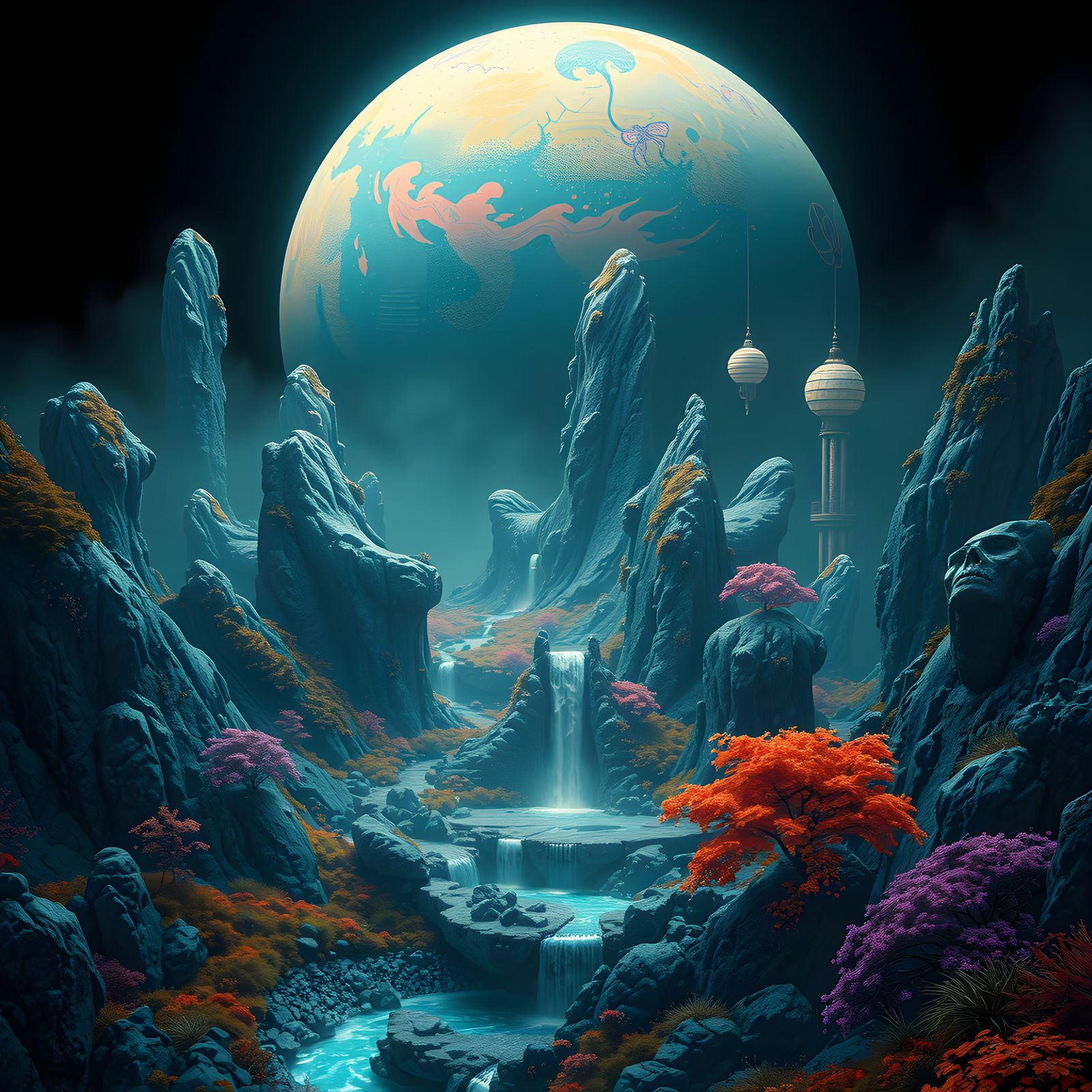 Detailed Matte Painting on Black Background