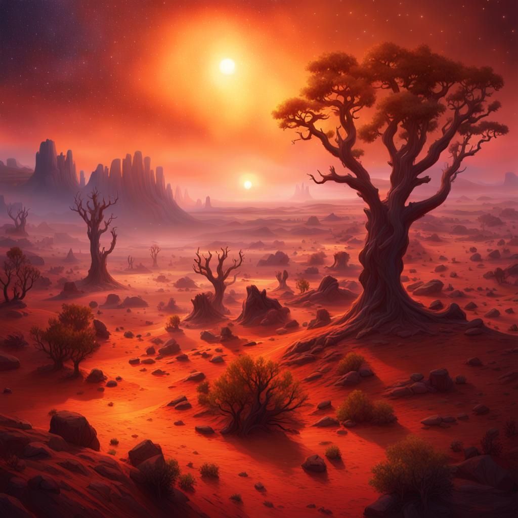 Mystical Venusian Landscape with Fiery Sky