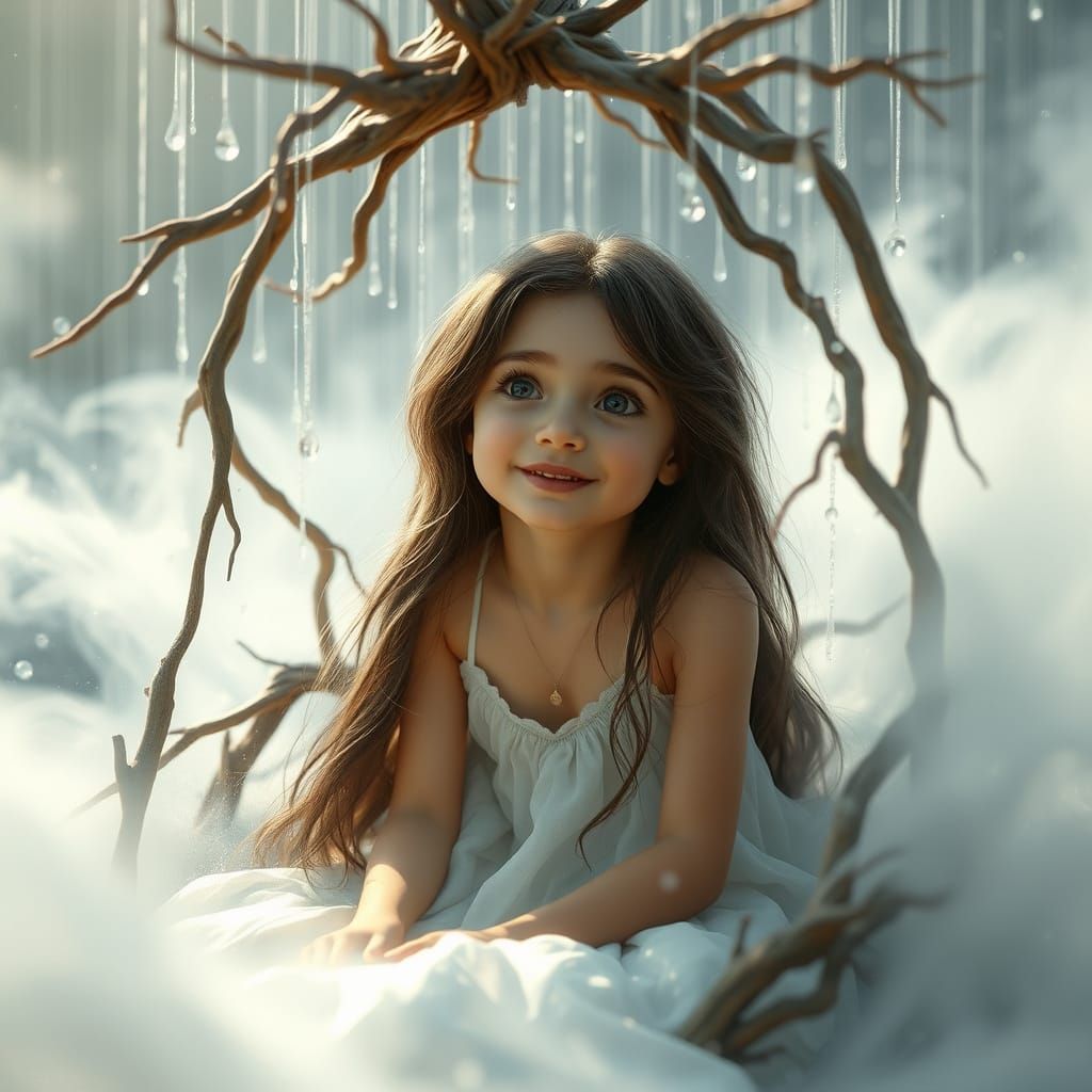 Delicate Girl in Raindrop Dreamscapes, 3D Realism
