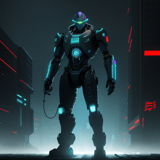 Cyberpunk War Robot Dominates Ruined Cityscape