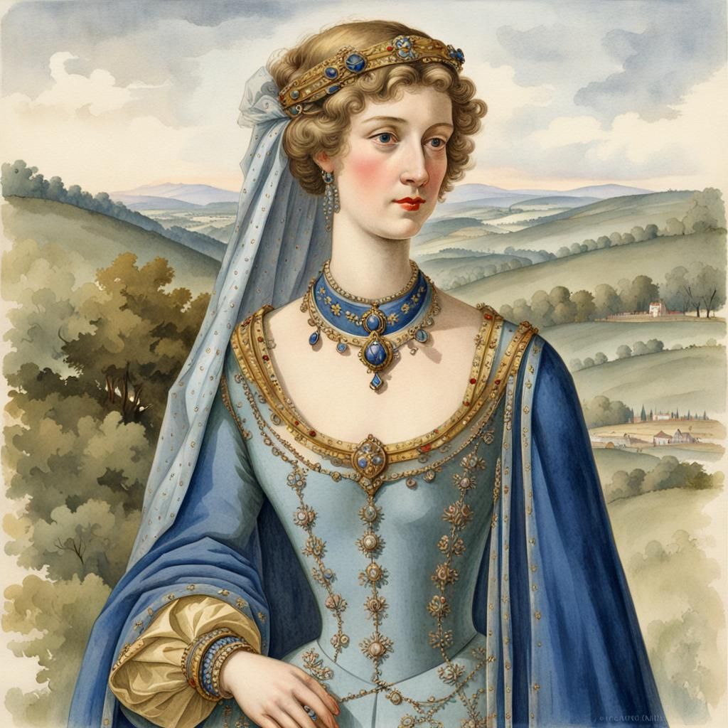 Medieval Woman with Golden Headdress and Blue Silk