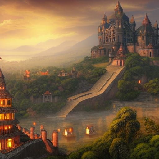 South American Castle with Golden Roof in Tropical Forest