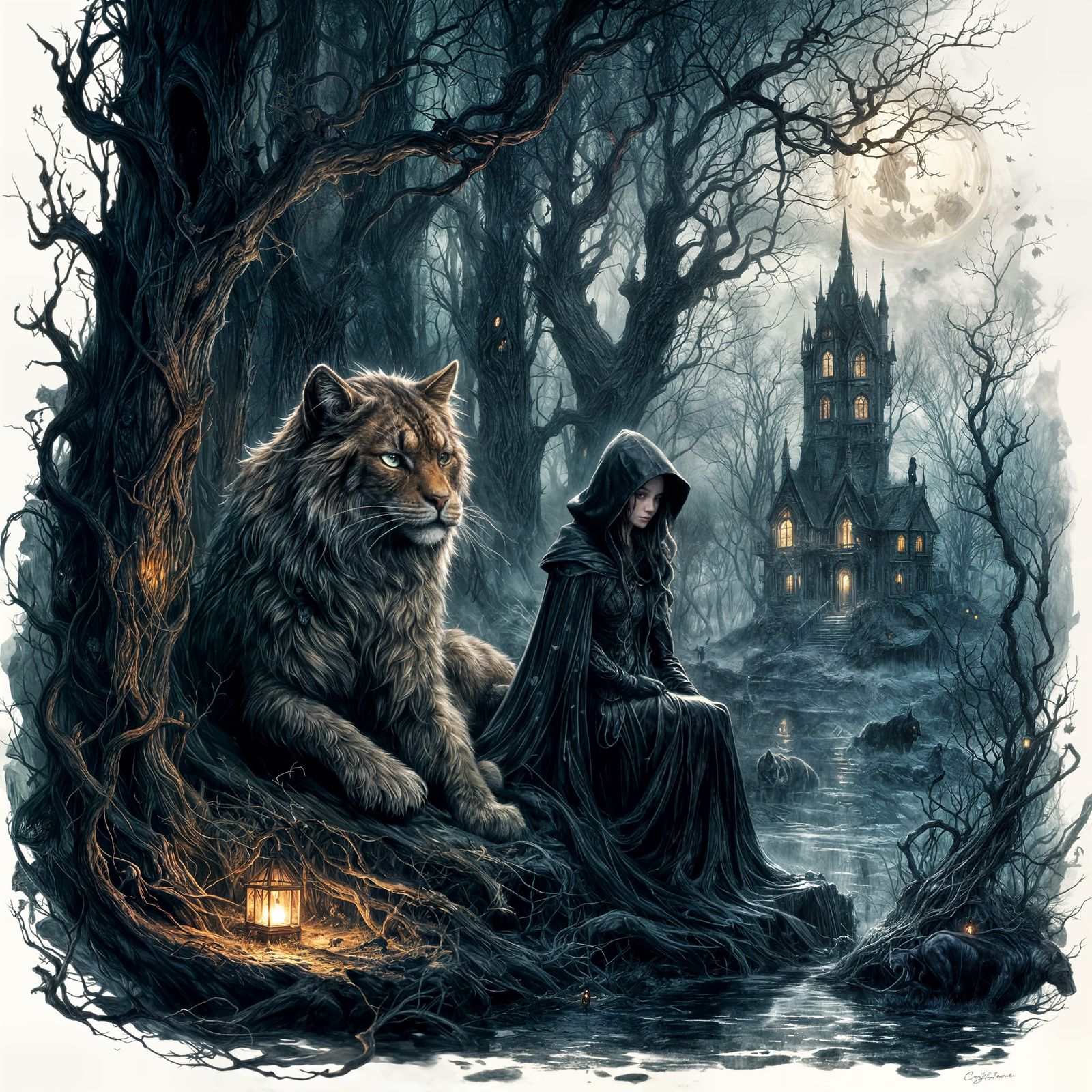 Dark Fantasy Cartoon: Hooded Figure in Dark Wood