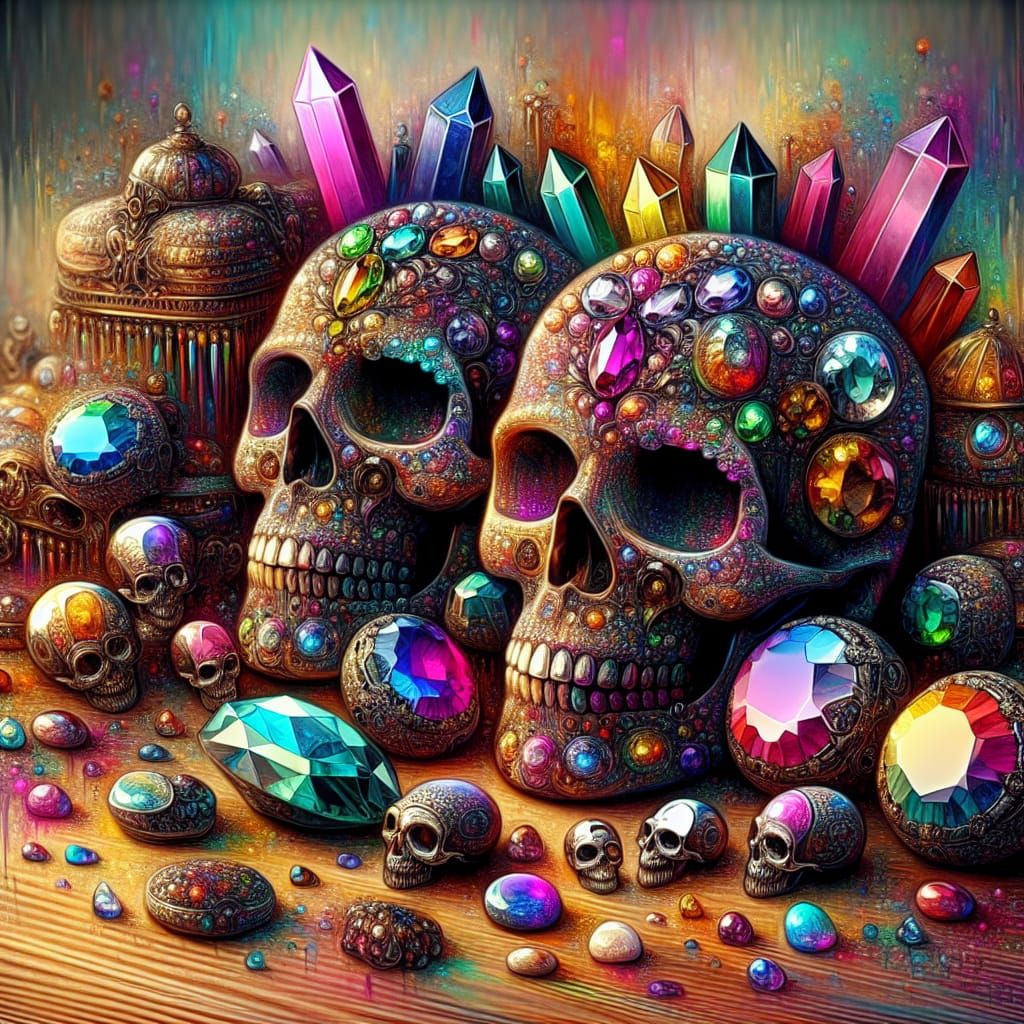Rainbow Crystal Skull Adorned with Colorful Treasures