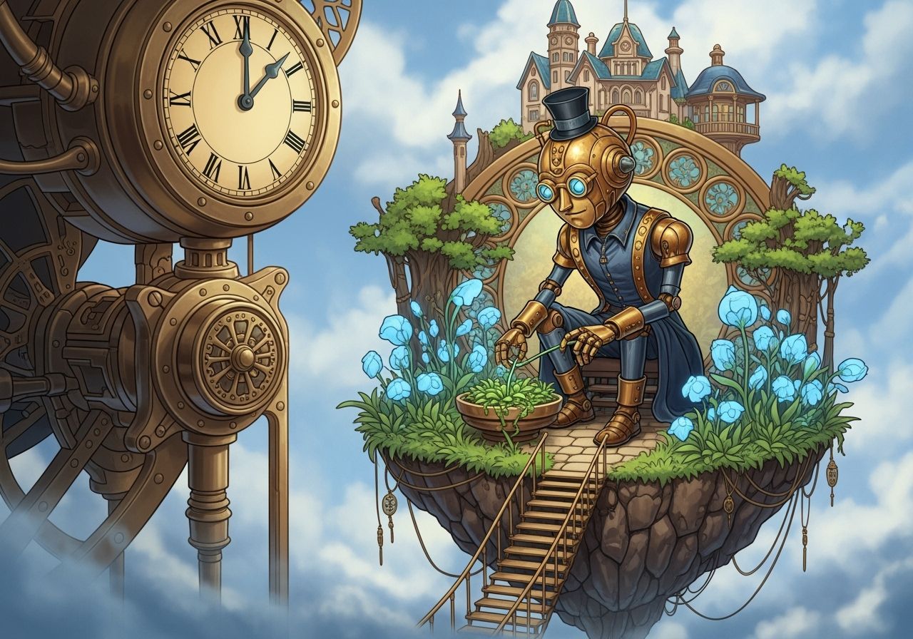 Steampunk Automaton's Bioluminescent Garden in Art Nouveau S...