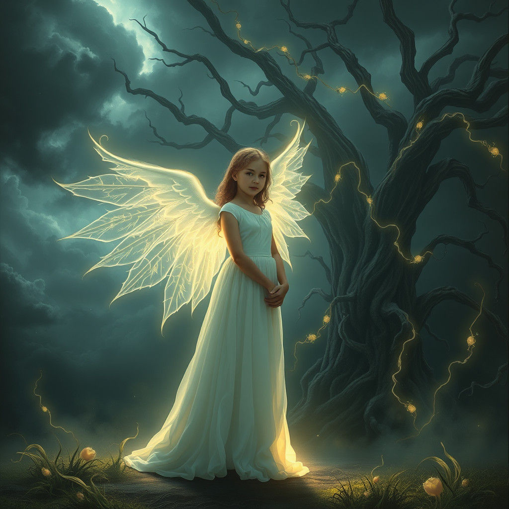 Angelic Specter Protects Girl in Ominous Landscape