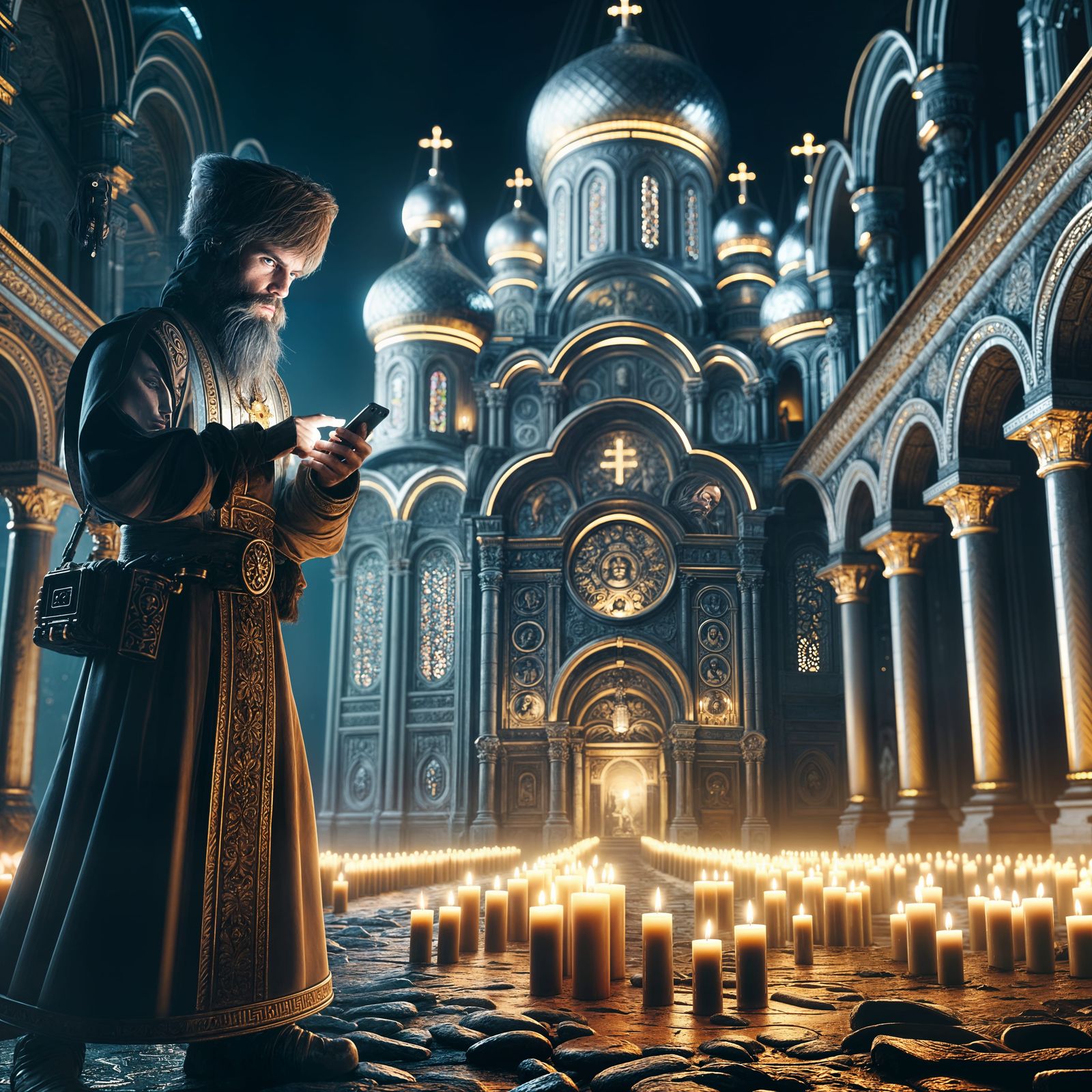 Historical Figure with Smartphone in Sci-Fi Church
