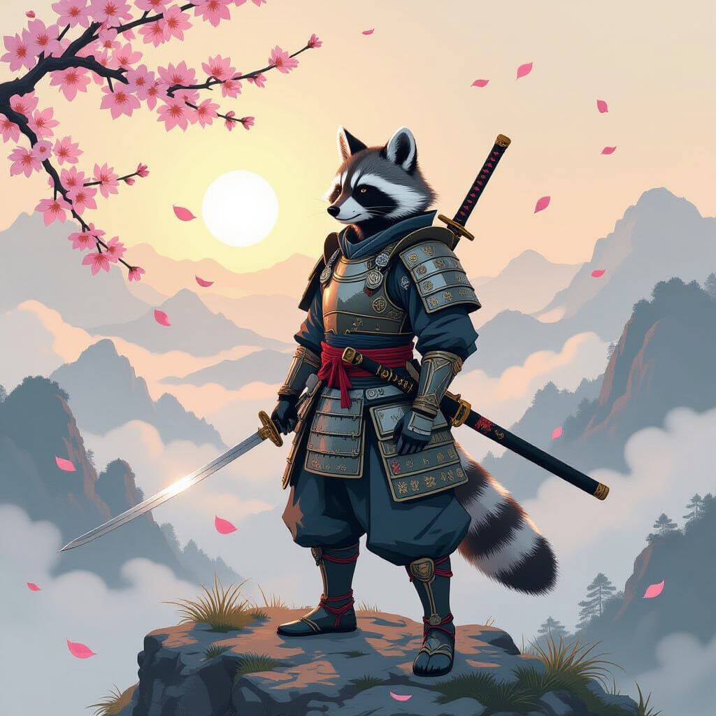 Samurai Raccoon Overlooking Misty Valley, Anime Style