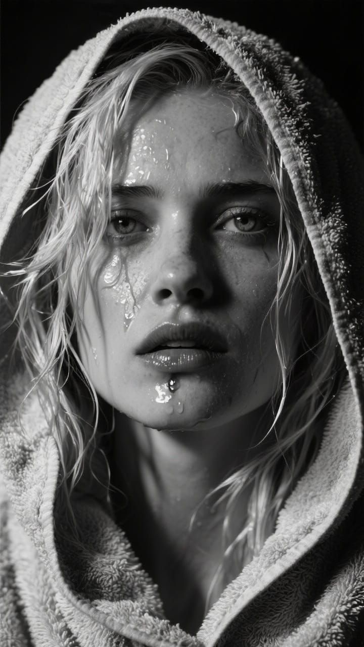 Hyperrealistic Woman with Platinum Hair in Dramatic Lighting