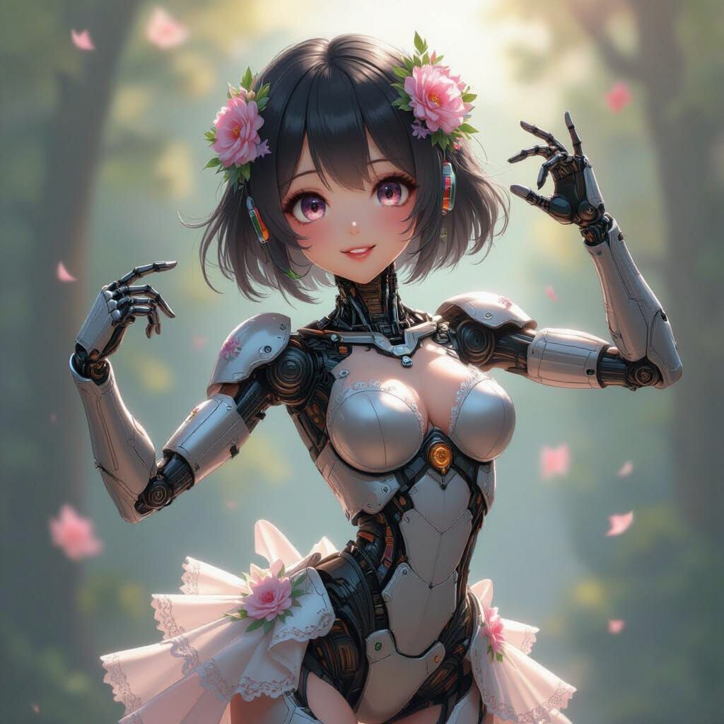 Elegant Nymph Robot Dancer in Dynamic Anime Style