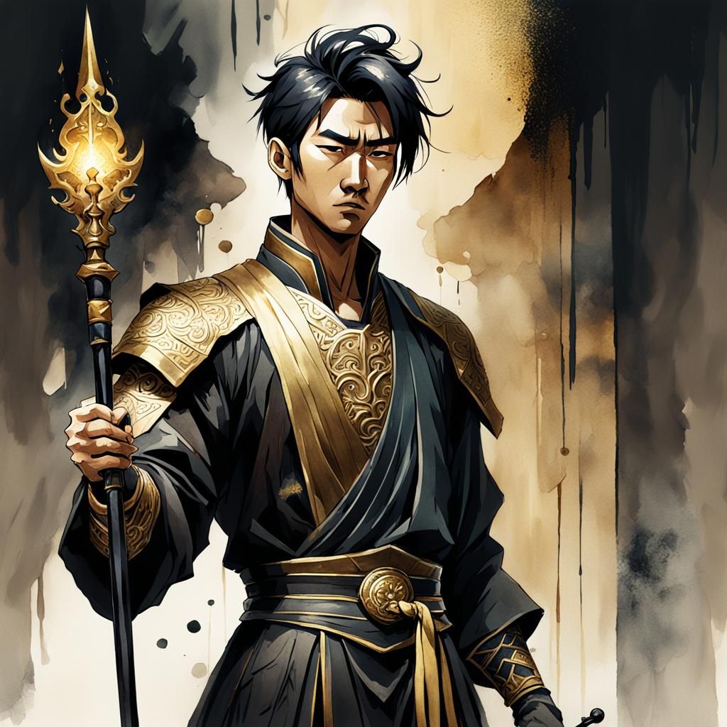 Young Asian Man with Scepter: Watercolor Illustration