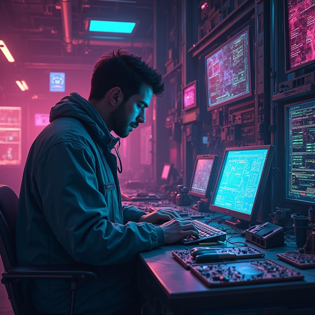 Futuristic Mobile Repair Workshop in Neon-Lit Digital Painti...