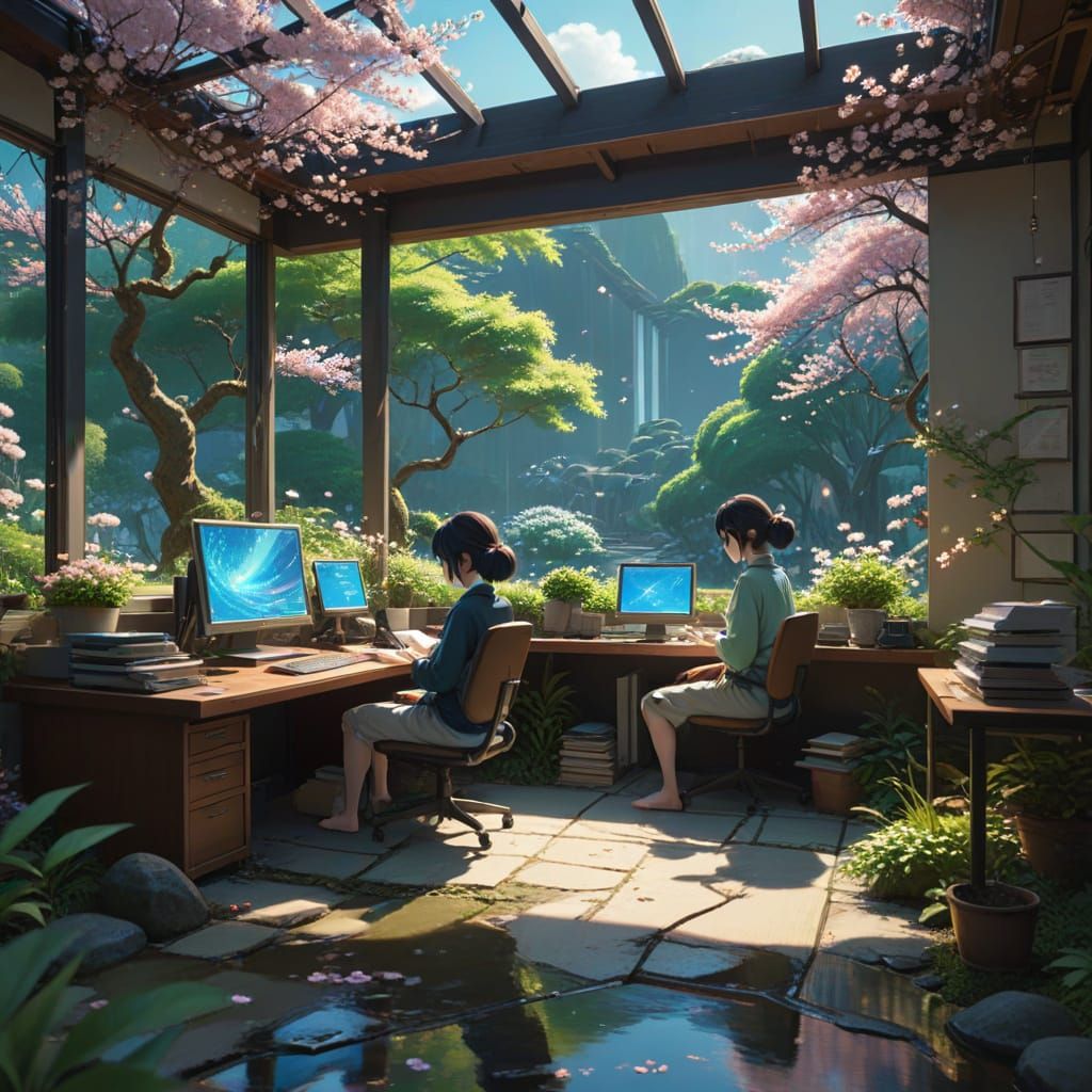Fairies in Zen Garden Office: Anime Style Concept Art