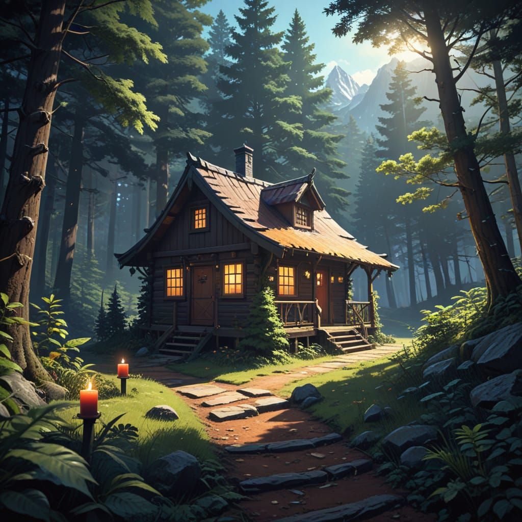 Christmas Cabin Scene in Anime Style