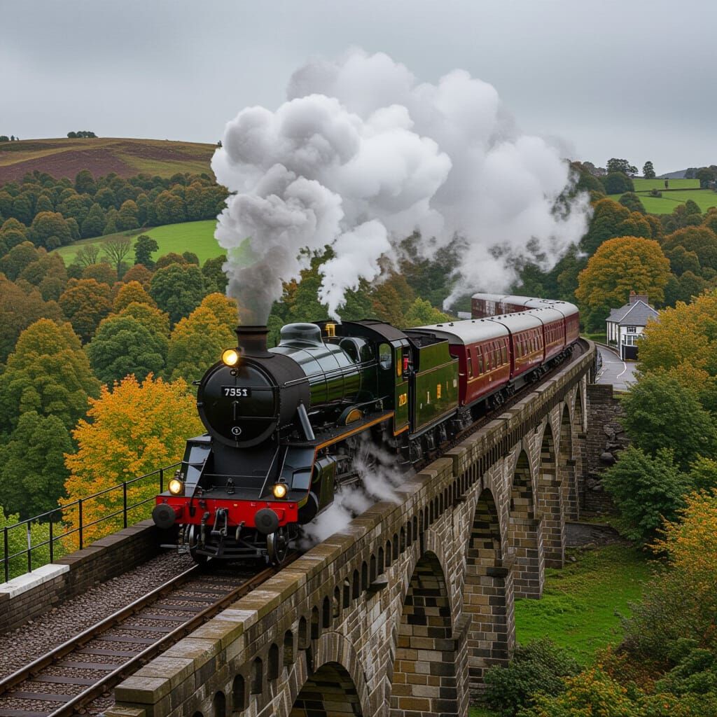 Steam Train Crossing Llangollen Bridge on Autumn Day