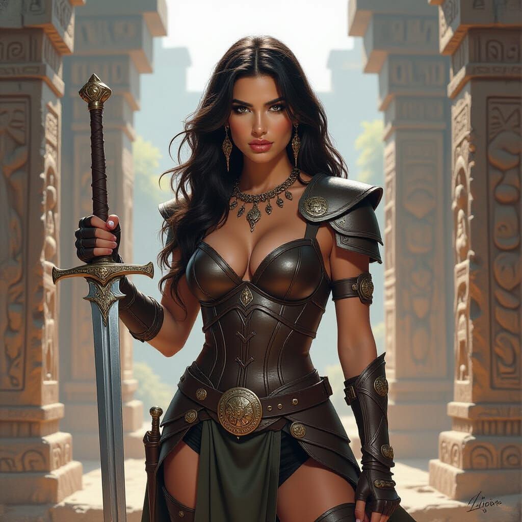 Amazon Warrior in Ancient Temple, Fantasy Art