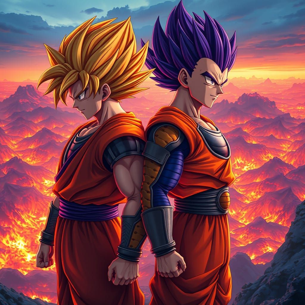 Epic Warriors of Flame: Goku and Vegeta in Blazing Fantasy
