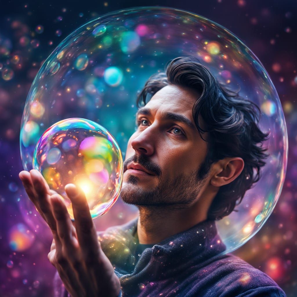 Surreal Man Holding Iridescent Soap Bubble, Oil Painting