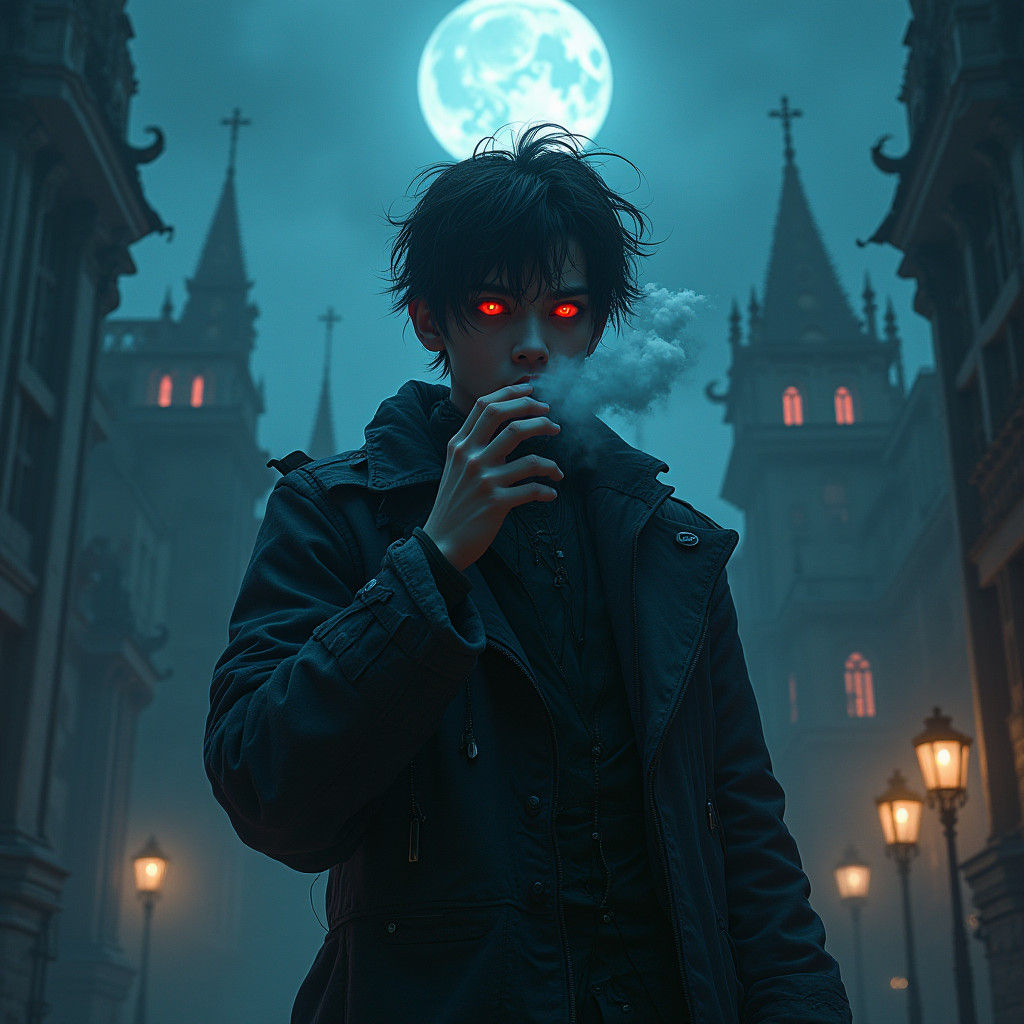 Mystical Man Vaping in Gothic Cityscape, Matte Painting