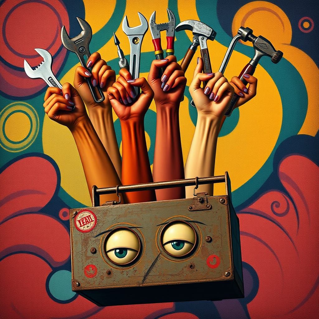 Surreal Hands with Tools in Cubist Style