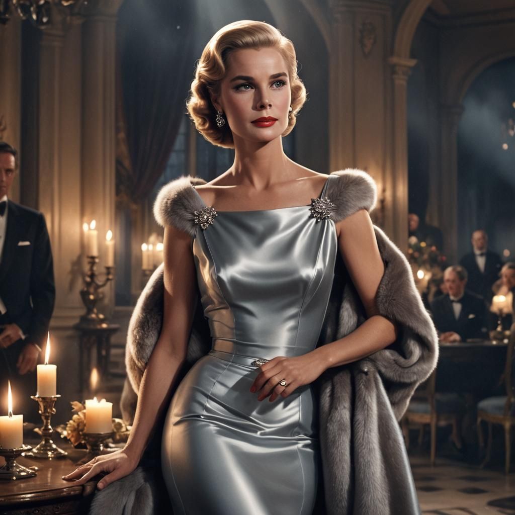 Grace Kelly in Silver Gown, Candlelit Matte Painting