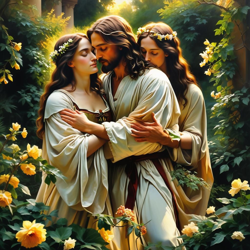 Jesus and Magdalene Embrace: Renaissance Oil Painting
