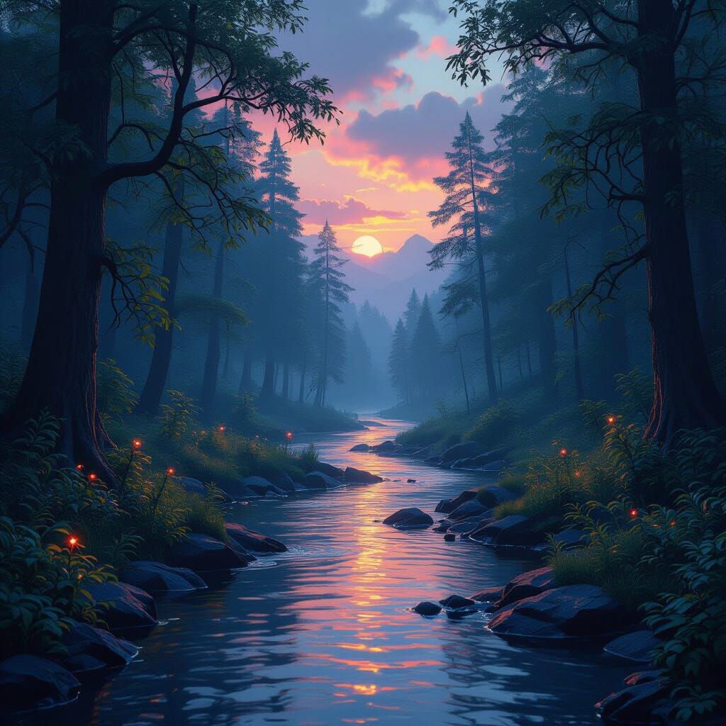 Monotone Forest River at Dusk Fantasy Art