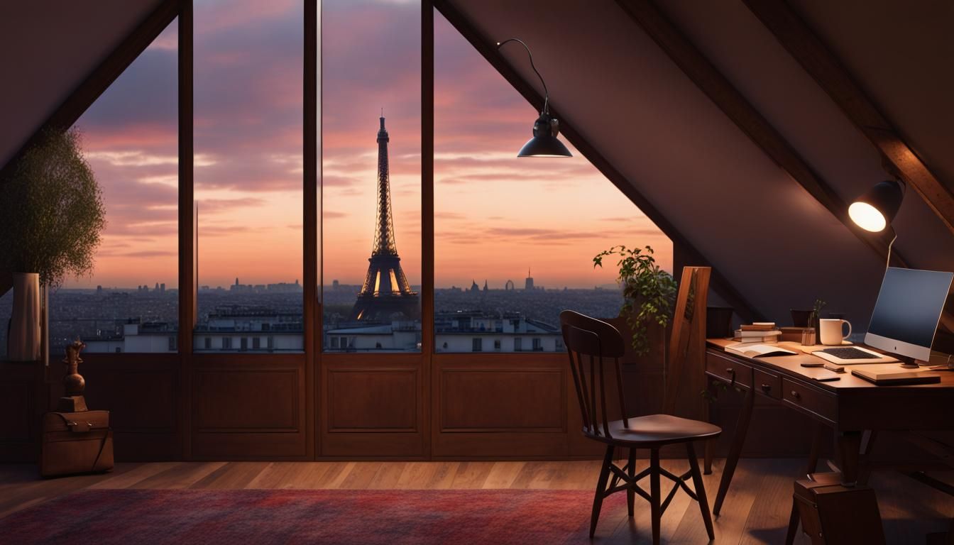 Romantic Paris Twilight Vista from Attic Window
